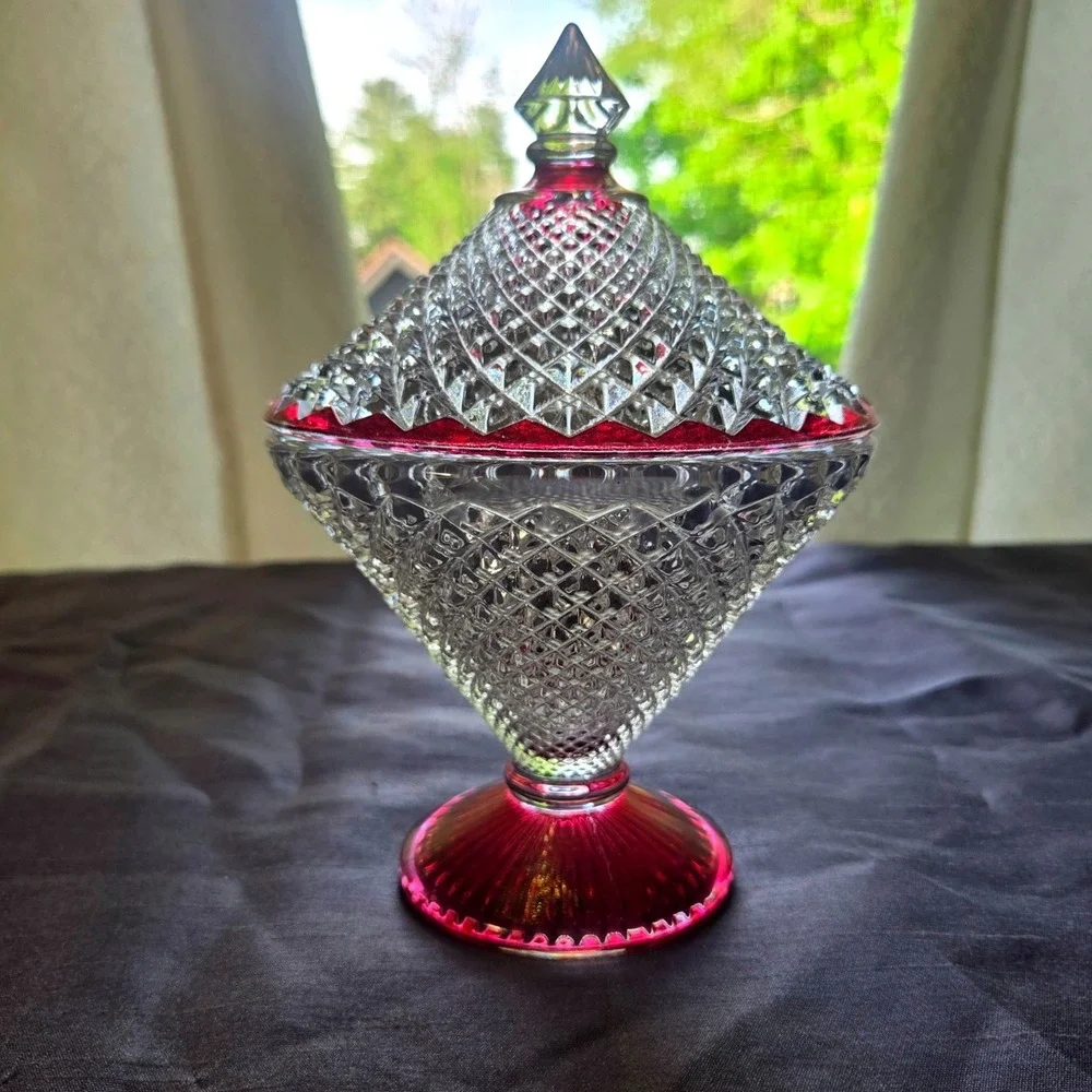 Vintage Ruby Red Flash Diamond Point Glass Lidded Candy Dish Pedestal Compote